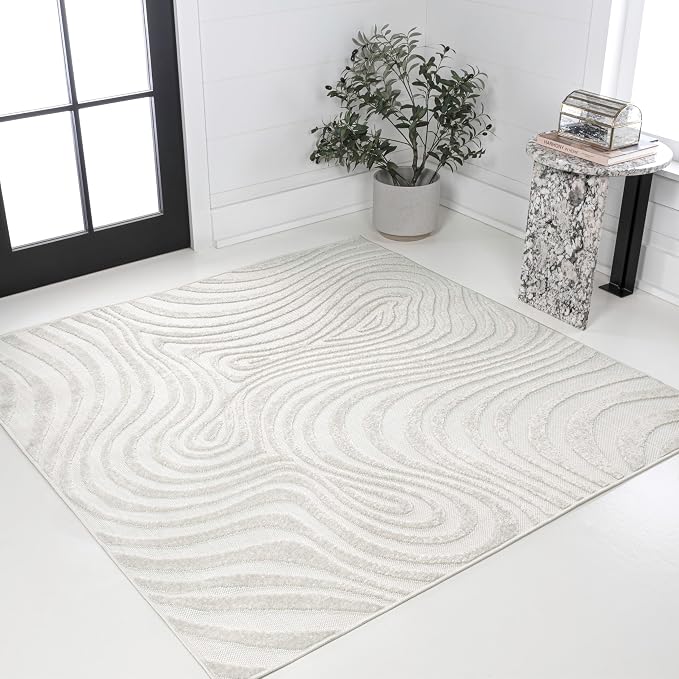 JONATHAN Y Maribo High-Low Abstract Striped Cream/Ivory 9x9 Square Indoor/Outdoor Area Rug, Pet Friendly, Non-Shedding, Stain Resistant, Easy-Cleaning for Backyard, Patio, Porch (SCN103A-9SQ)