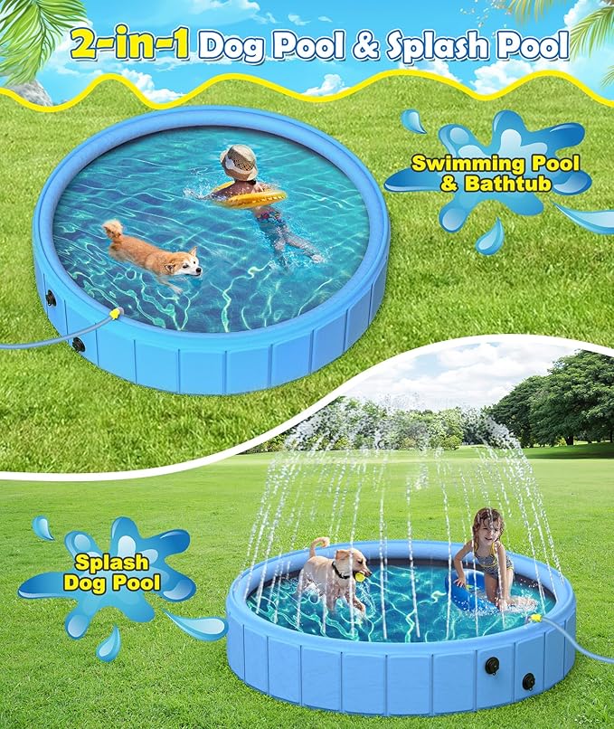 EPN Foldable Dog Pool with Sprinkler, Large Non-Slip PVC Pet Bath, 106 Inch | 2-in-1 Pet Bath and Sprinkler with Non-Slip Base for Dogs and Kids, Ideal for Backyard Cooling, Bathing and Summer Water Play