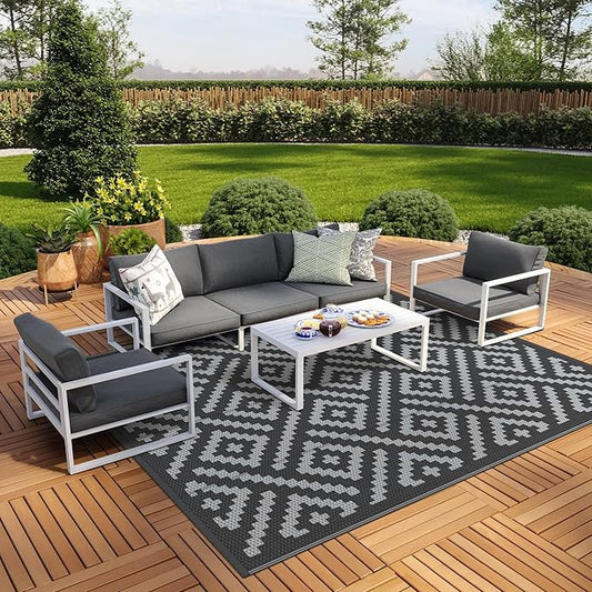 GENIMO Outdoor Rugs 8'x10' Waterproof, Reversible Mats, Area Plastic Straw Rug, Outside Carpet, Geometric Rv Mat for Patio Camping Rv Picnic Backyard Deck Balcony Porch Beach Trailer (Black & Grey)
