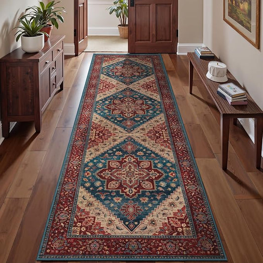 Tangsoo 2.6x8 Washable Hallway Runner Rugs, Non Slip Vintage Runner Rug Red | Oriental Soft Low Pile Long Runner, Boho Carpet Runner Rugs for Hallway Kitchen Bedroom Entryway Bathroom Red Blue Home Decor