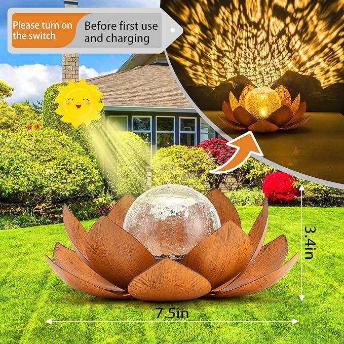 AIINY Solar Light Outdoor(2Pack), Art Crackle Globe Glass Lotus Decoration, Solar LED Waterproof Metal Flower Lights for Patio,Lawn,Walkway,Tabletop