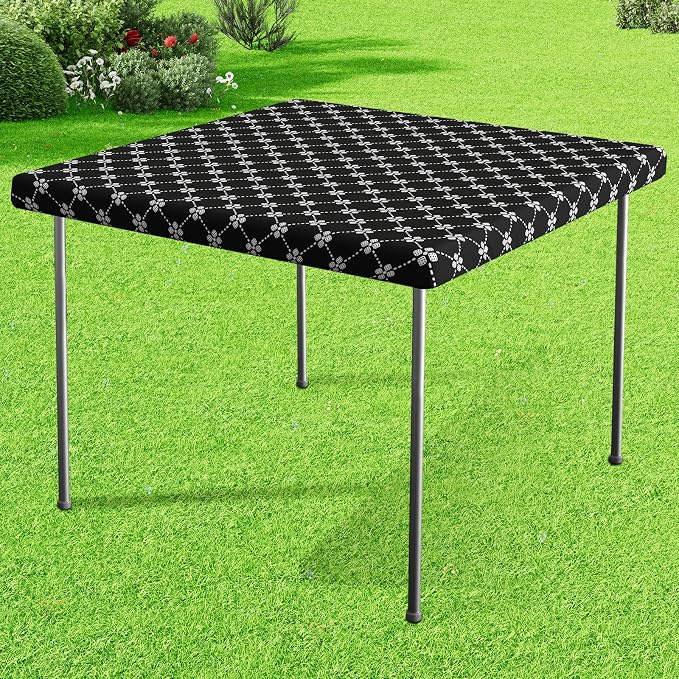 misaya Square Vinyl Table Cloth, Elastic Fitted Tablecloth with Flannel Backing, Waterproof Plastic Table Cover Fits Folding Tables for Picnic, Camping, Indoor and Outdoor (Black, 34" x 34")