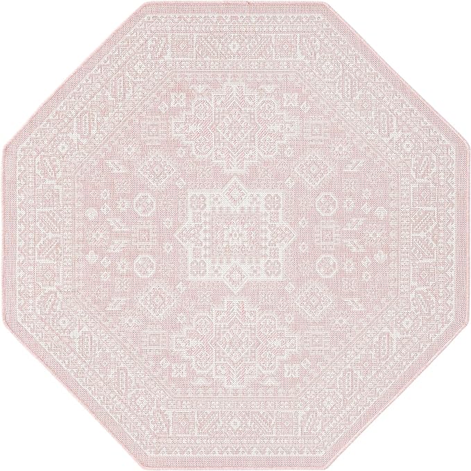 Unique Loom Outdoor Aztec Collection Area Rug - Chalca (5' 3" Octagon, Pink/ Ivory)
