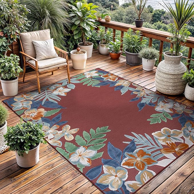 Outdoor Rug 10x14 Washable Area Rugs Indoor Outdoor Carpets Red Border Floral Non Shedding Waterproof Easy Clean Patio Deck Porch Living Room Bedroom Garden RV (10 X 14 Red)