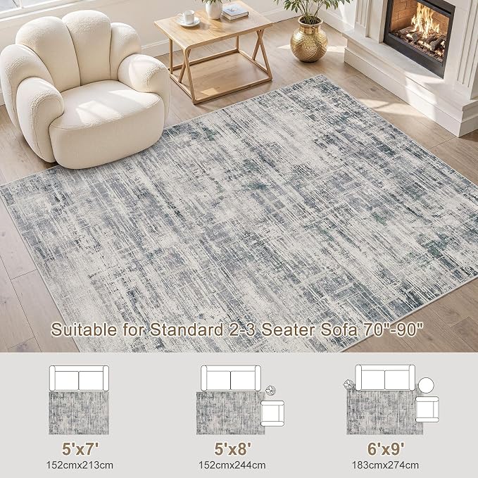 UERMEI 5x7 Area Rug for Living Room Washable Abstract Gray Carpet | Low Pile Non-Slip Soft Neutral Modern Kid Pet Friendly Large Rugs For Bedroom Dining Room Nursery Office Indoor Decor