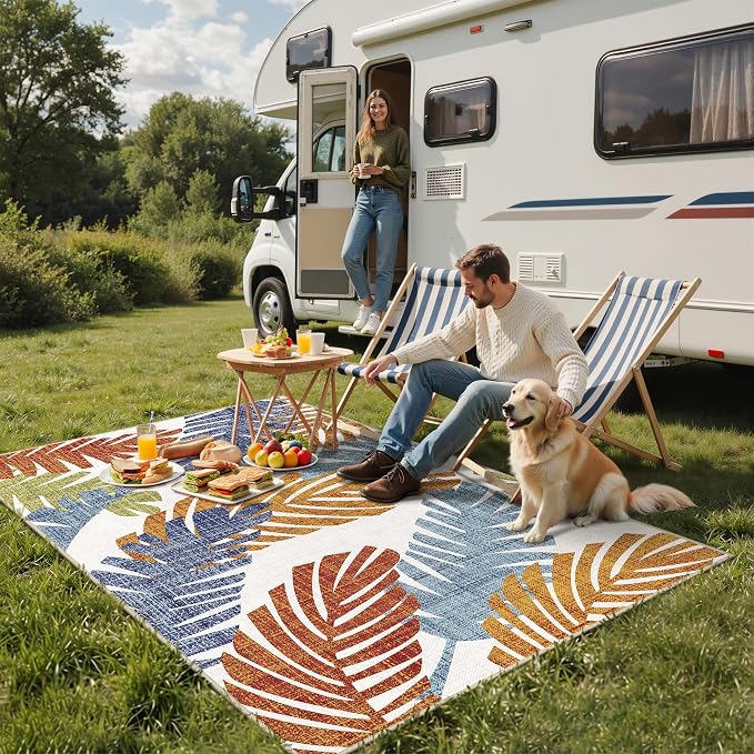 GENIMO Outdoor & Indoor Area Rug 6'x9', Waterproof, Non-Shedding, Easy Cleaning, Leaf Mat for Patio, Living Room, Balcony, Dining Room, RV, Deck, Bedroom, Camping, Outside Carpet, Tropical Rust
