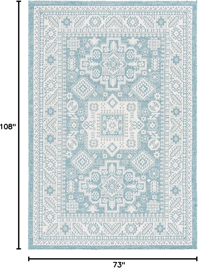 Unique Loom Outdoor Aztec Collection Area Rug - Chalca (6' 1" x 9' Rectangle, Aqua/ Ivory)