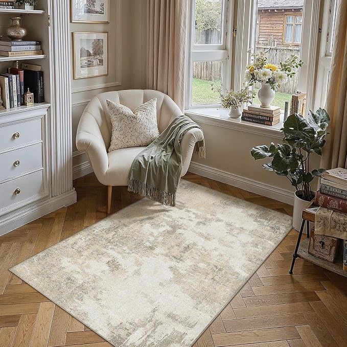 3x5 Beige Grey Modern Abstract Washable Area Rug for Entryway | Low Pile, Non Slip, Modern Abstract Style, Soft Indoor Rug for Entryway, Kitchen, Bathroom, Door Mat, Home Decor