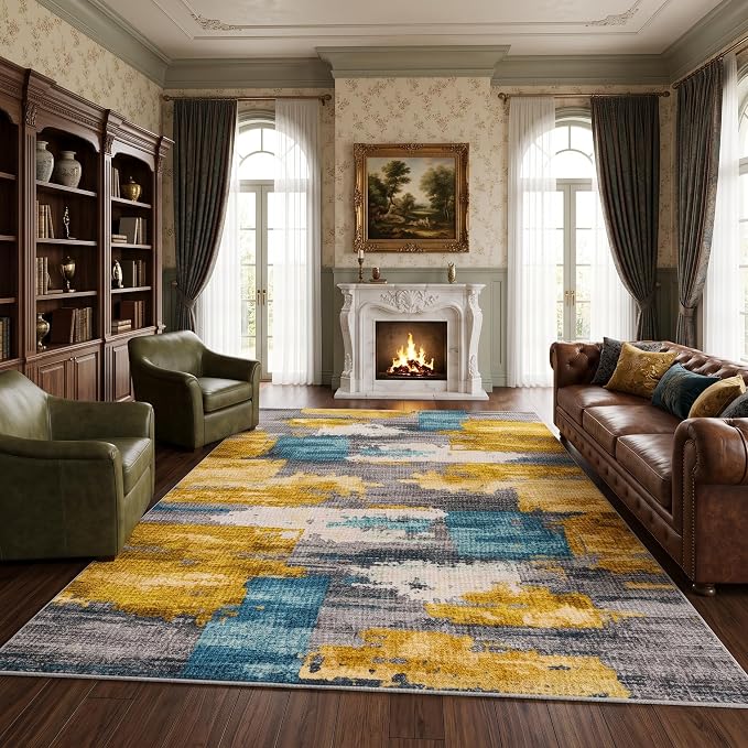 8x10 Blue and Gold Abstract Brushstroke Area Rug for Living Room | Soft Low-Pile Machine-Washable Rug with Non-Slip Backing for Bedrooms, Dining Rooms and Home Offices, Designed for Easy Care