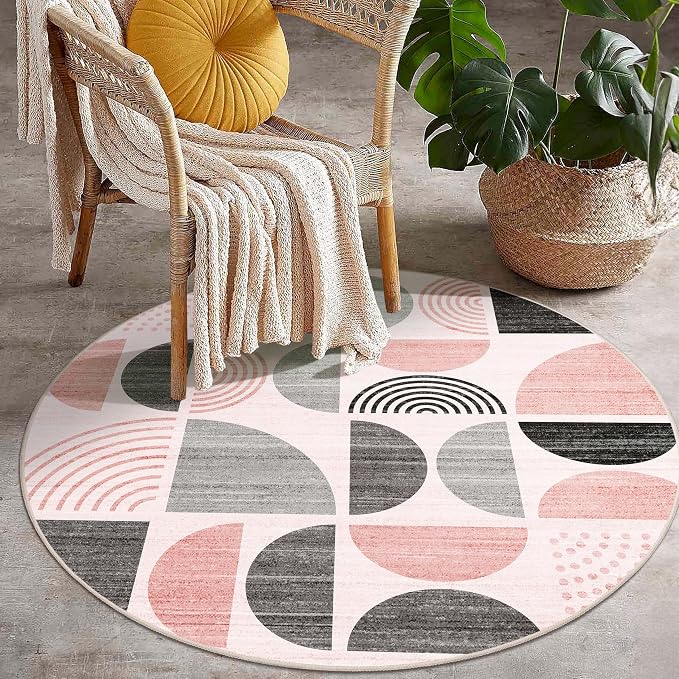 Round Rug 4ft Small Circle Area Rug Washable Non Slip Modern Abstract | Circular Rugs for Entryway Bedroom Kitchen Boho Throw Carpet Soft Low Pile Floor Indoor Bohemian Pink and Grey