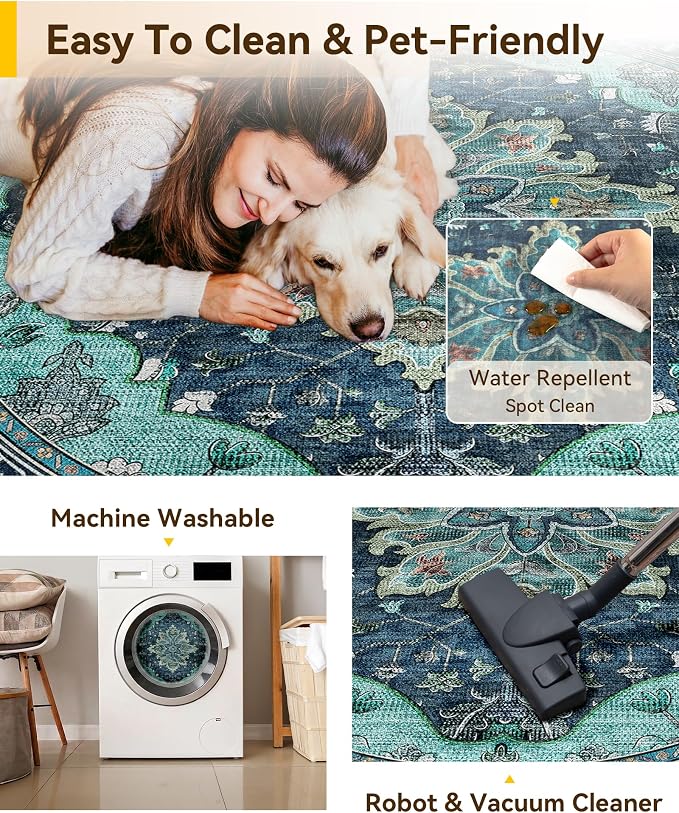 RELEANY Washable Area Rug, Round 6ft, Teal | Non-Slip, Water Repellent, Pet Friendly, Easy to Clean, Vintage Floral Boho Decor for Living Room Bedroom Dining Room