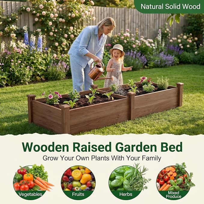 8×2ft Wooden Horticulture Raised Garden Bed Divisible Elevated Planting Planter Box for Flowers/Vegetables/Herbs in Backyard/Patio Outdoor, Acorn Brown, 96 x 24 x 9in