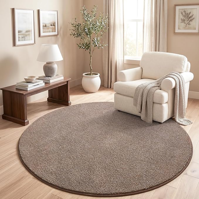 Keeko Round Area Rug 5ft for Living Room Bedroom,Soft Washable Circle Rug | Modern Indoor Memory Foam Rugs Low Pile Non Slip Carpet for Kids Dorm Room Entryway Kitchen Home Decor Brown and White