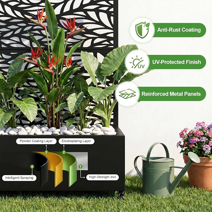 Casaphoria Metal Raised Garden Bed with Trellis and Wheels, 72"x47"x16" Planter Box for Climbing Plants, Vegetables & Vines, Features Drainage Holes and Privacy Screen (Black-Spring)