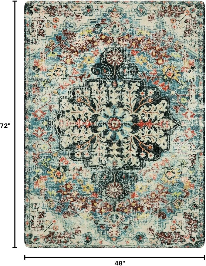 Lahome Reine Bohemian Floral Medallion Area Rug - 4x6 Teal Soft Bedroom Rug Washable Entryway Mat, Non Slip Pet Friendly Indoor Floor Accent Carpet for Bathroom Mudroom Basement Studio