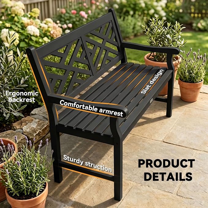 Outsunny Outdoor Garden Bench, Wooden Frame Patio Bench with Geometric Pattern, 43.25 Inch Weatherproof 2-Person Love Seat for Garden, Lawn, Porch, Yard, Work Entryway, Black