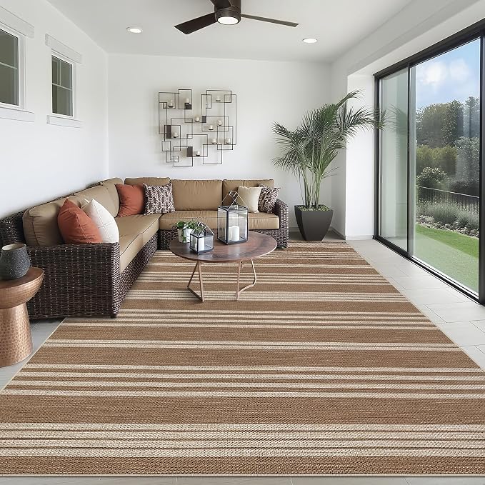 Garvee Area Rugs 9x12 Living Room Washable Rug Easy Jute Rugs, Brown | Modern Line Print Area Rug Stain Resistant Easy Cleaning Throw Rugs Low Pile Floor Cover for Nursery Dining Room Apartment