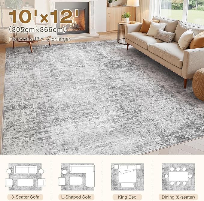 kakania Abstract 10x12 Area Rugs for Living Room: Washable Rugs Grey White | Soft, Non-Slip, Low-Pile, Pet & Kid Friendly - Large Modern Home Decor Carpet for Bedroom/Dining Room/Office/Nursery