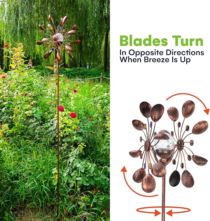 75-Inch Wind Spinners Jewel Cup - Solar-Powered with Multi-Color LED Glass Ball - Metal Kinetic Windmill for Dual Wind Direction - Easy to Assemble Garden and Outdoor Yard Decorations