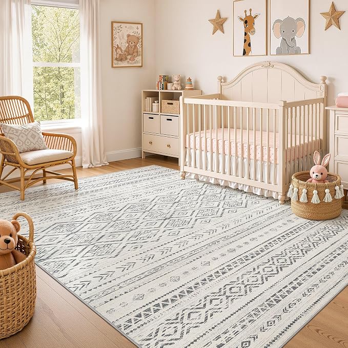 Nakagishi Area Rug Living Room Rugs: 6x9 Large Soft Machine Washable Boho Moroccan FarmNeutral Stain Resistant Indoor Floor Carpet for Bedroom Under Dining Table Home Office Decor-Grey