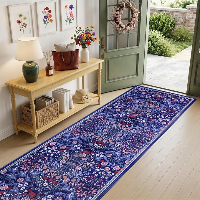 PLHXFR 2.6x10 Washable Runner Rug：Floral Indoor Kitchen Soft Carpet Blue | For Hallway Bedroom Kitchen Laundry Bathroom Dorm,Vintage Floral,Machine washable,Non Slip,Stain Resistant,Indoor Floor