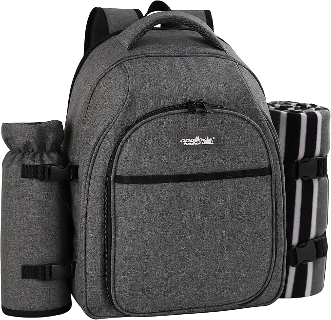 apollo walker Picnic Backpack Bag for 2 Person with Cooler Compartment, Detachable Bottle/Wine Holder, Fleece Blanket, Plates and Cutlery Set (2Person,Grey)