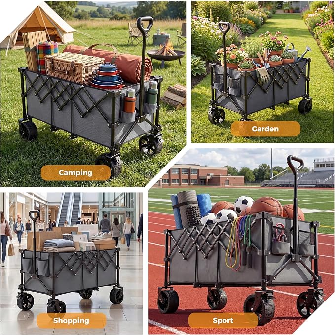 NEWBULIG Wagon Carts Foldable - 440LB Extra-Long Heavy-Duty Collapsible Wagon with All-Terrain Wheels, Portable Storage Shopping Cart for Groceries, Camping, Sports, Beach, Garden