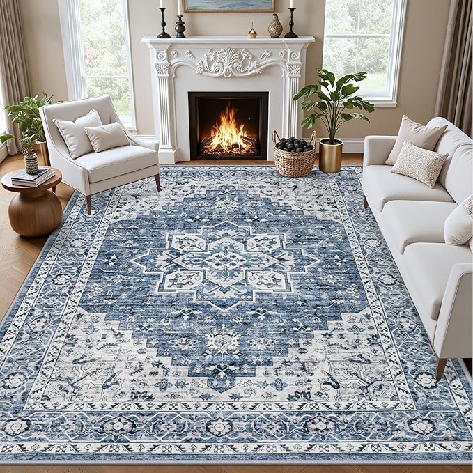 8x10 Area Rugs Living Room: Washable Vintage Rug for Bedroom Blue | Boho No Slip Stain Resistant Rug Soft Indoor Decor Floor Floral Area Rugs for Dining Room, Nursery, Hallway, Home Office