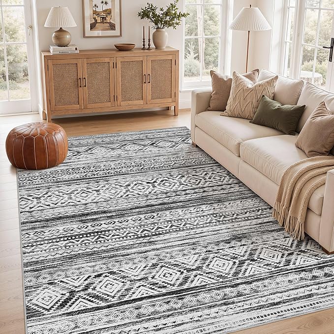 cotiled Boho 6x8 Area Rugs for Living Room: Soft Moroccan Washable Rug | Stain Resistan Carpet for Bedroom Farmhouse Dining Room White Black