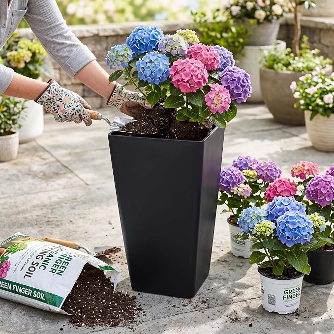 KOL Planters for Outdoor Plants, 28 Inch Tall Black Flower Pots 2 Pack, Large Plastic Plant Pots with Drainage Hole and Dual-Purpose Tray, Decorative Indoor Planter for Front Porch Patio Garden