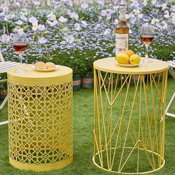 Y&M Set of 3 Stacking Coffee Table for Living Room, Nesting Side Table,Indoor End Tables for Bedroom, Outdoor Decorative Garden Stool with Heavy Duty Metal Frame Modern Industrial Decor - Yellow