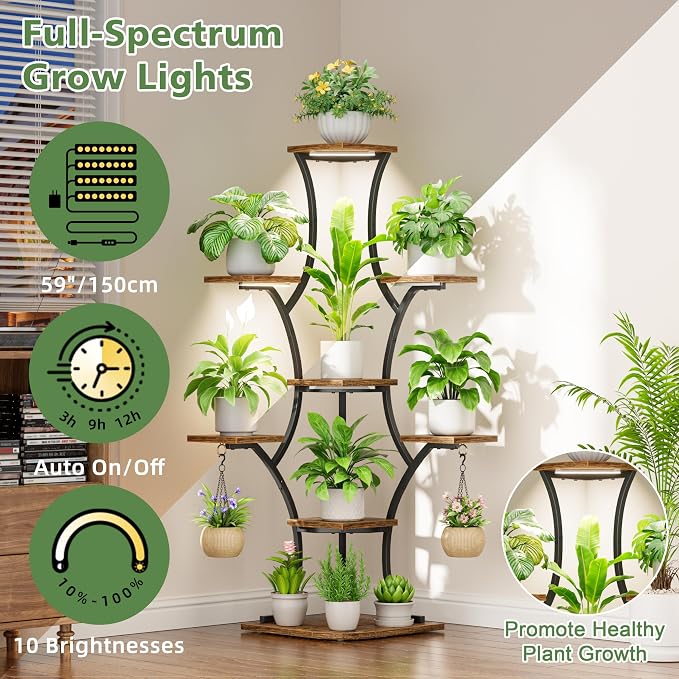 Corner Indoor Plant Stand With Grow Lights, 8 Tier, 52.6" Tall | Plant Shelf, Flower Holder, Display Rack,Heavy Duty Anti-rust Iron Pipes, Water-resistant & Anti-corrosive Wood, Auto Timer