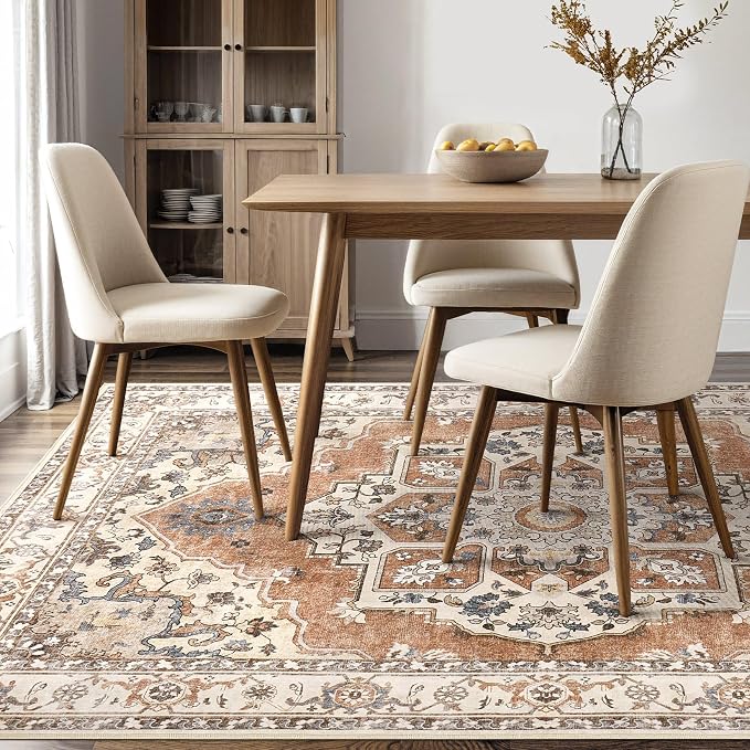 Washable Area Rug-10X12 Vintage Neutral Soft Brick Red | Non Slip Thin Foldable Large Floor Carpet for Living Room Bedroom Kitchen Dining Room Home Office Farmhouse Indoor