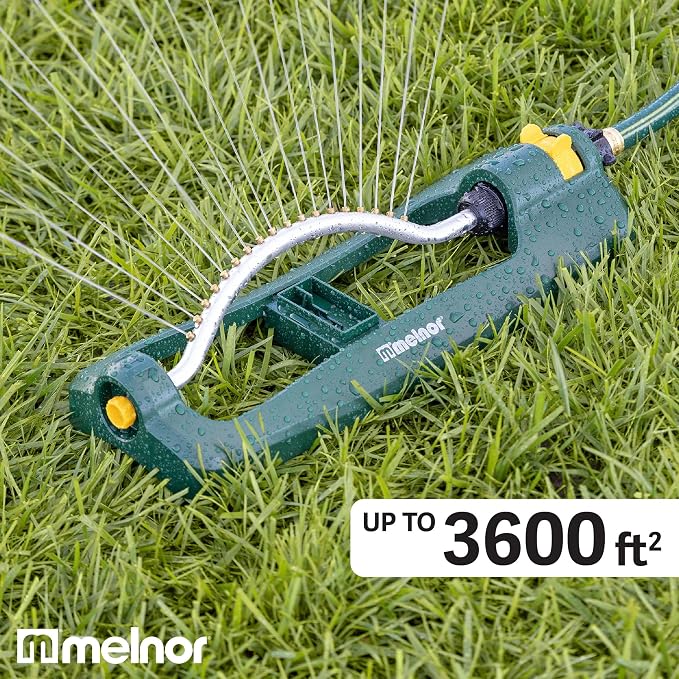 Melnor 65132AMZ Turbo Oscillating Sprinkler with Watering Gauge, Covers Up to 3,600 Sq. Ft., 18 Brass Nozzles, Adjustable Watering Range, Quick Connect Bundle, Green, Yellow