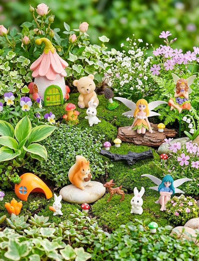 50-Piece Mini Fairy Garden Accessories Kit, Resin Fairy House (3.1" H) with 49 Miniature Figurines - Animals, Mushrooms and Fairies for DIY Terrarium, Planter, Flower Pot and Desktop Decor