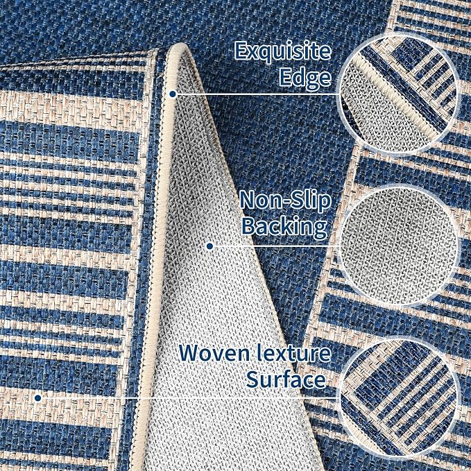 COZYLOOM Indoor Outdoor Rugs 8x10 Modern Easy Jute Washable Area Rug, Blue | Non Slip Neutral Bordered Non Shedding Stain Resistant Foldable Rug for Living Room Dining Room Bedroom Patio Backyard