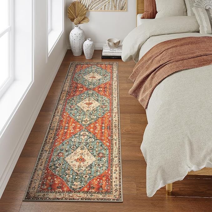 Lahome Felice Boho Tribal 2'6" x 10' Washable Runners for Hallways, Oriental Kitchen Runner Rugs Non Skid Washable, Oriental Soft Long Stair Carpet Runner for Living Room Bedroom, Rust/Dull Teal