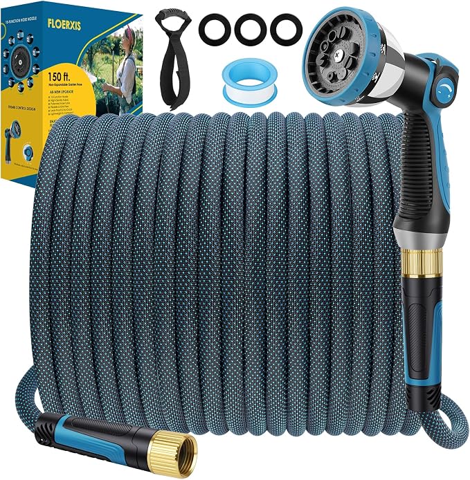 Non-Expandable Garden Hose 150 FT, Lightweight Hose with 10 Function Spray Nozzle, Kink-Free Flexible Water Hose, Durable, Leak-Proof, 360° Swivel Connectors, Portable Storage Strap