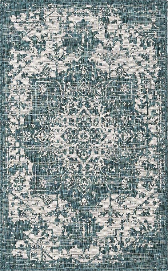 Unique Loom Outdoor Collection Area Rug - Dubai (3' 3' x 5' 3' Rectangle, Teal/ Ivory)