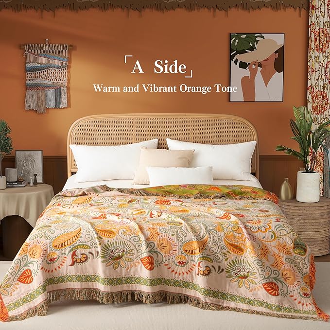 Phuryllic Boho Throw Blanket Queen Size, Oversized Soft Cozy Cotton Muslin Quilt Blanket for Bed Decor, Floral Patterned Couch Sofa Chair Cover, Vintage Farmhouse Cottage Woven Blanket, Coral&Green