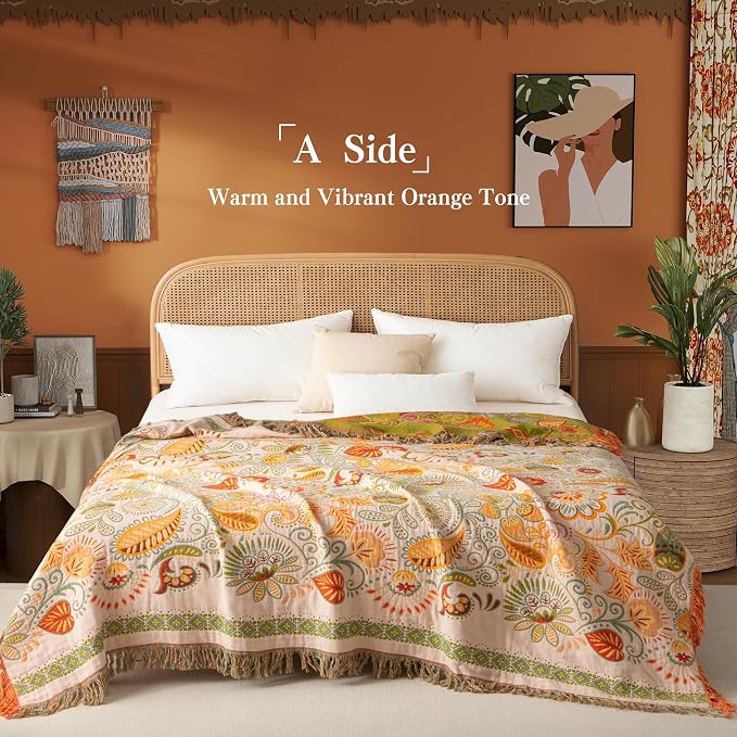 Phuryllic Boho Throw Blanket Twin Size, Soft Cozy Cotton Muslin Quilt Blanket for Bed Decor, Floral Patterned Couch Sofa Chair Cover, Vintage Farmhouse Cottage Tapestry Woven Blanket, Coral&Green