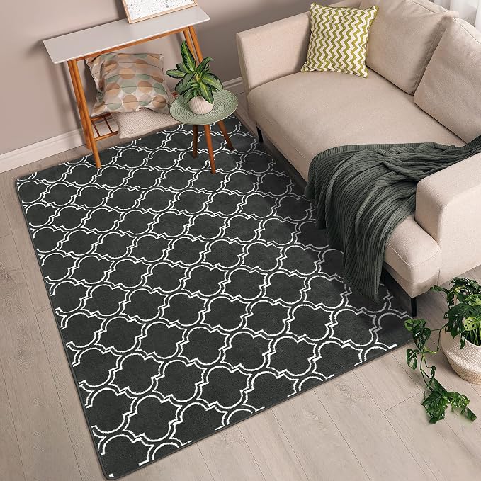 Chicrug 7x10 Shag Geometric Modern Area Rug for Bedroom Living Room | Memory Foam Indoor Carpet, Fluffy Rug for Bedside Room for Family Girls Kids Play Mat, Dark Grey and White