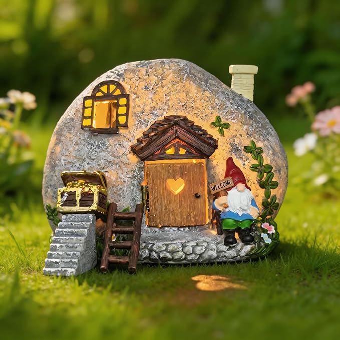 Fairy Garden Accessories Gnome House 4 Pcs Kit, Solar Statues with Openable Door for Yard Lawn Patio, Resin Stone Houses, Treasure chest, staircase, ladder Figurines, Birthday Gifts Idea for Women