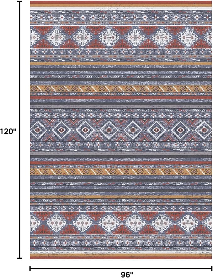 Washable Area Rugs 8' x 10' - 1/6 Thick - Moroccan-Inspired -Stain & Water Resistant Non-Slip - Resistant Rug for Living Room, Bedroom, Nursery, Pet & Child Friendly (Blue and Red)