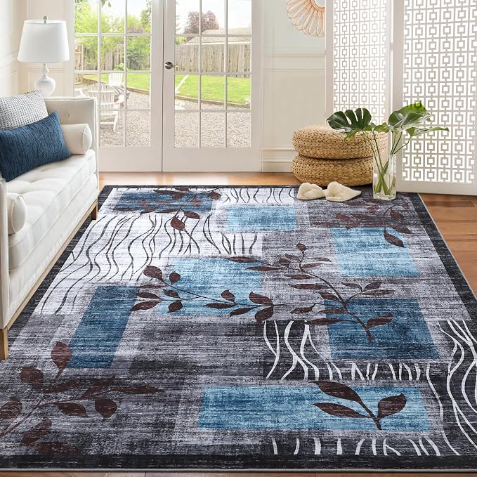 GarveeHome Machine Washable 8x10 Geometric Floral Rug, Large Modern Area Rug for Living Room Bedroom Non-Slip Soft Dining Room Carpet Nursery Farmhouse Home Office