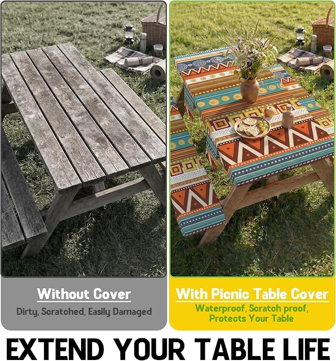 Fitted Picnic Table Cover with Bench Covers Fitted Rectangle Table Cloth Tablecloth Camping Gear Essentials Rv Accessories Road Trip Supplies Car Travel Must Have 8 Ft Foot Feet 96in Bohemian Boho