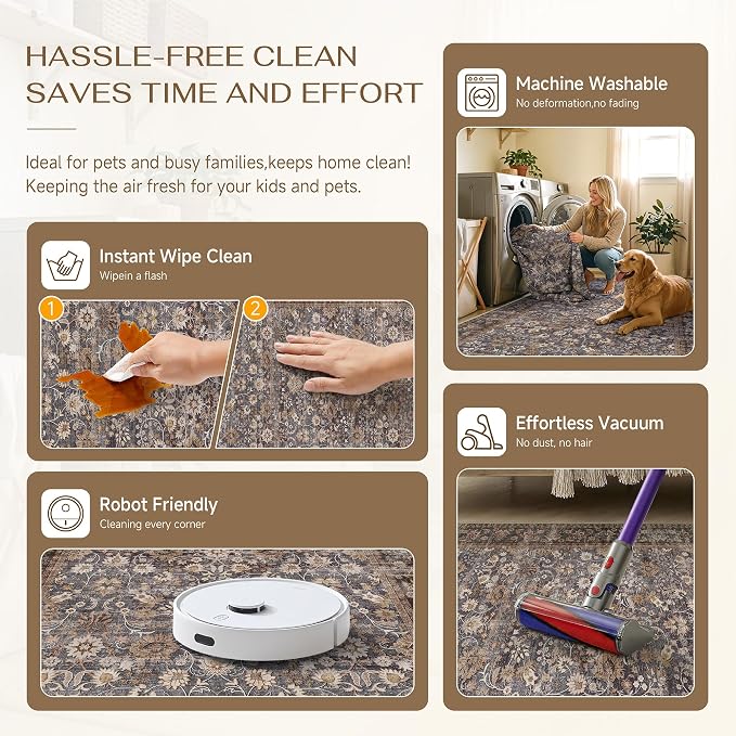 HUGEAR 2x8 Runner Rug Machine Washable Tradition Brown Hallway Area Rug Indoor Accent Rugs Floral Low Pile Carpet Soft Throw Rugs Bedroom Living Room Office Dining Kitchen Laundry Non Slip