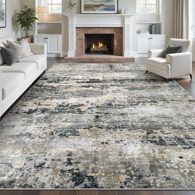 pmtsns Area Rugs 9x12 for Living Room: Washable Rug Modern Abstract Neutral Soft Non-Slip Low-Pile Indoor Large Carpet for Bedroom Dining Room Playroom Home Office (Black Grey Brown, 9'x12')