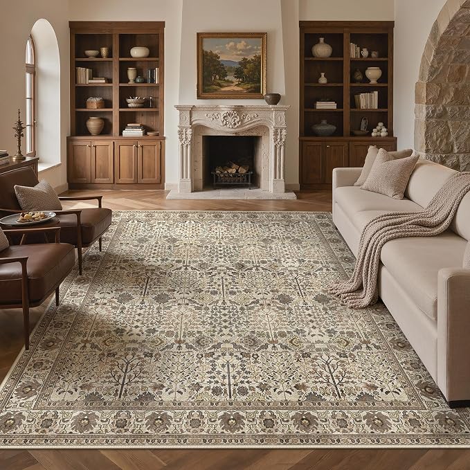 9x12 Washable Area Rug for Living Room, Dark Espresso | Vintage Distressed Floral, Spill Resistant, Lightweight Low Pile Non-Shedding Carpet for Bedroom, Dining Room and Office