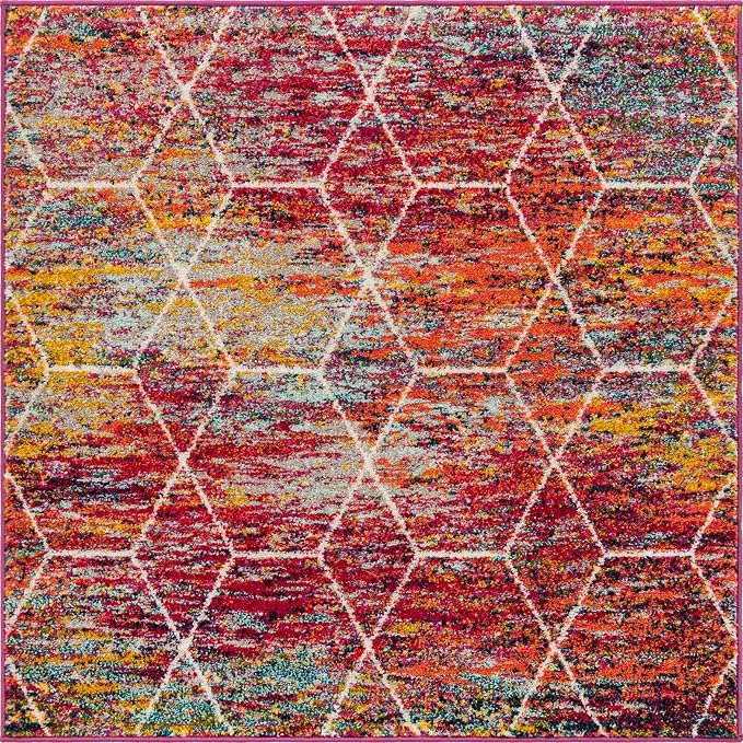 Unique Loom Trellis Frieze Collection Area Rug - Geometric (4' Square, Multi/ Ivory)